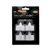 Battery LED Tealight Candles – 4 Pack (NZ Stock) in packaging, featuring flameless flickering effect.